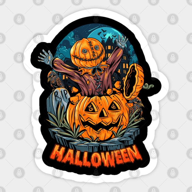 Scary Halloween Pumpkin Design Sticker by Mako Design 